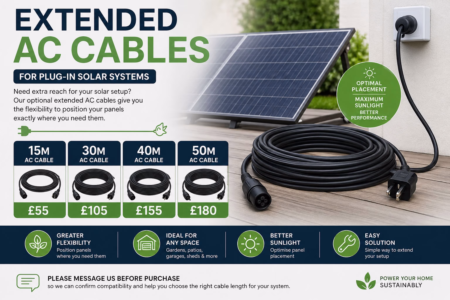 Extended AC Cable for Plug-In Solar Systems – 15m, 30m, 40m & 50m Options