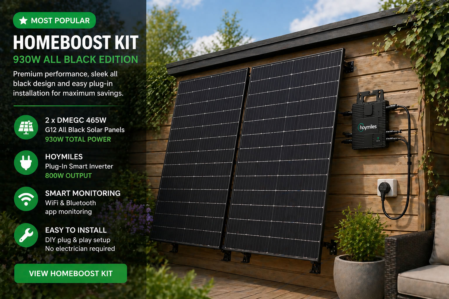 ⭐ HomeBoost Plug-In Solar Kit – 930W All Black Edition